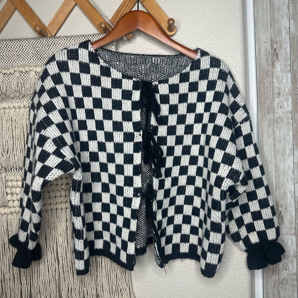 Checkerboard Front-tie sweater